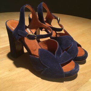 Chie Mihara blue suede strappy platform heels